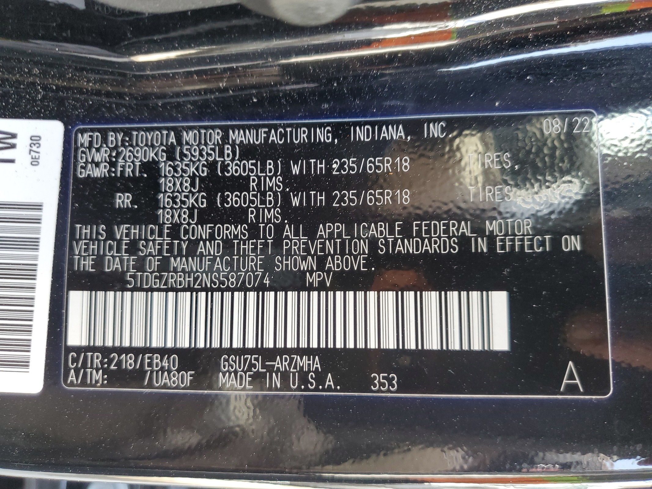 5TDGZRBH2NS587074 2022 Toyota Highlander Xle