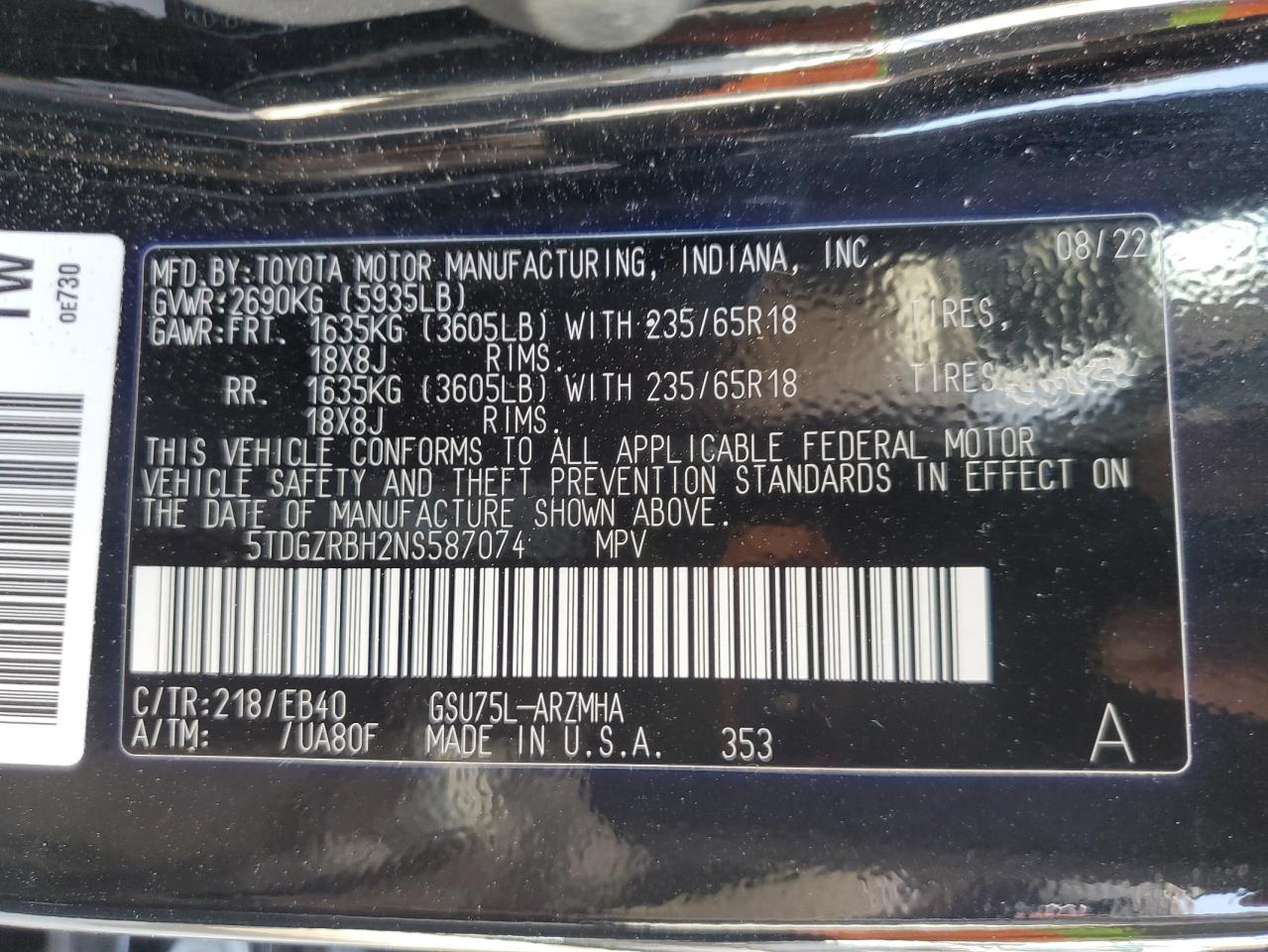 2022 Toyota Highlander Xle VIN: 5TDGZRBH2NS587074 Lot: 64179714