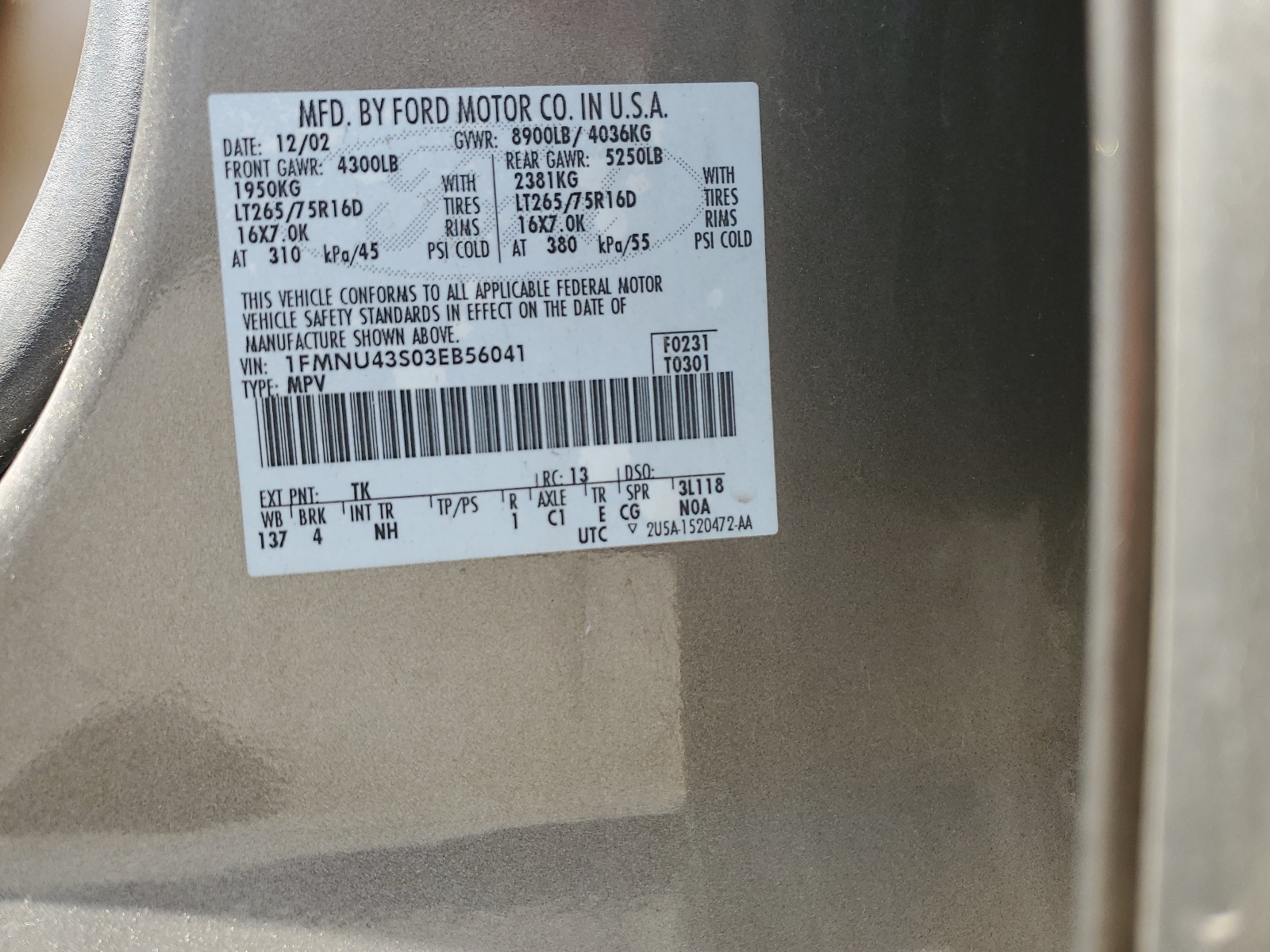 1FMNU43S03EB56041 2003 Ford Excursion Limited