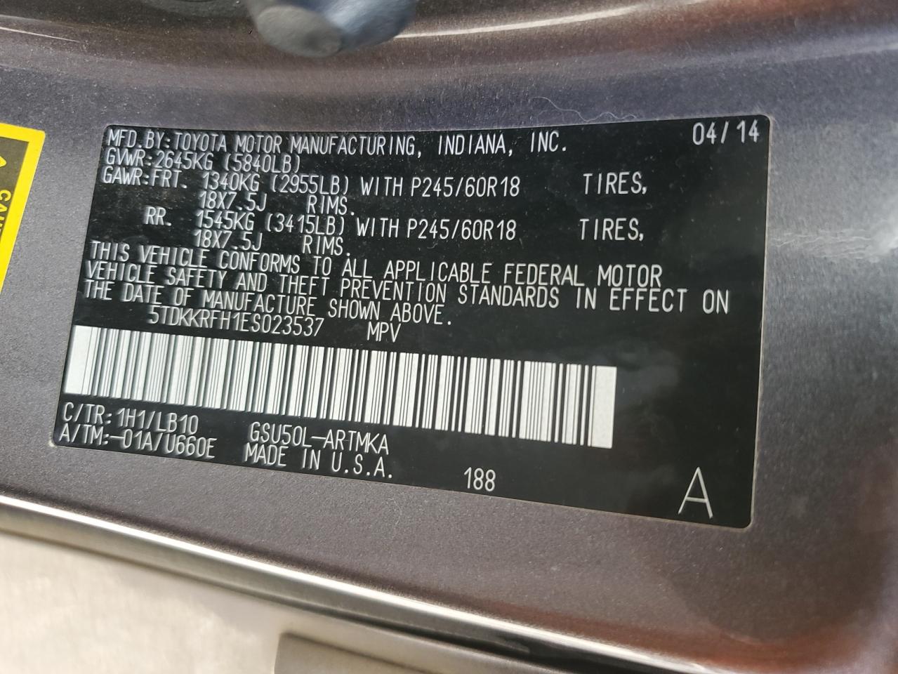 2014 Toyota Highlander Xle VIN: 5TDKKRFH1ES023537 Lot: 64637394