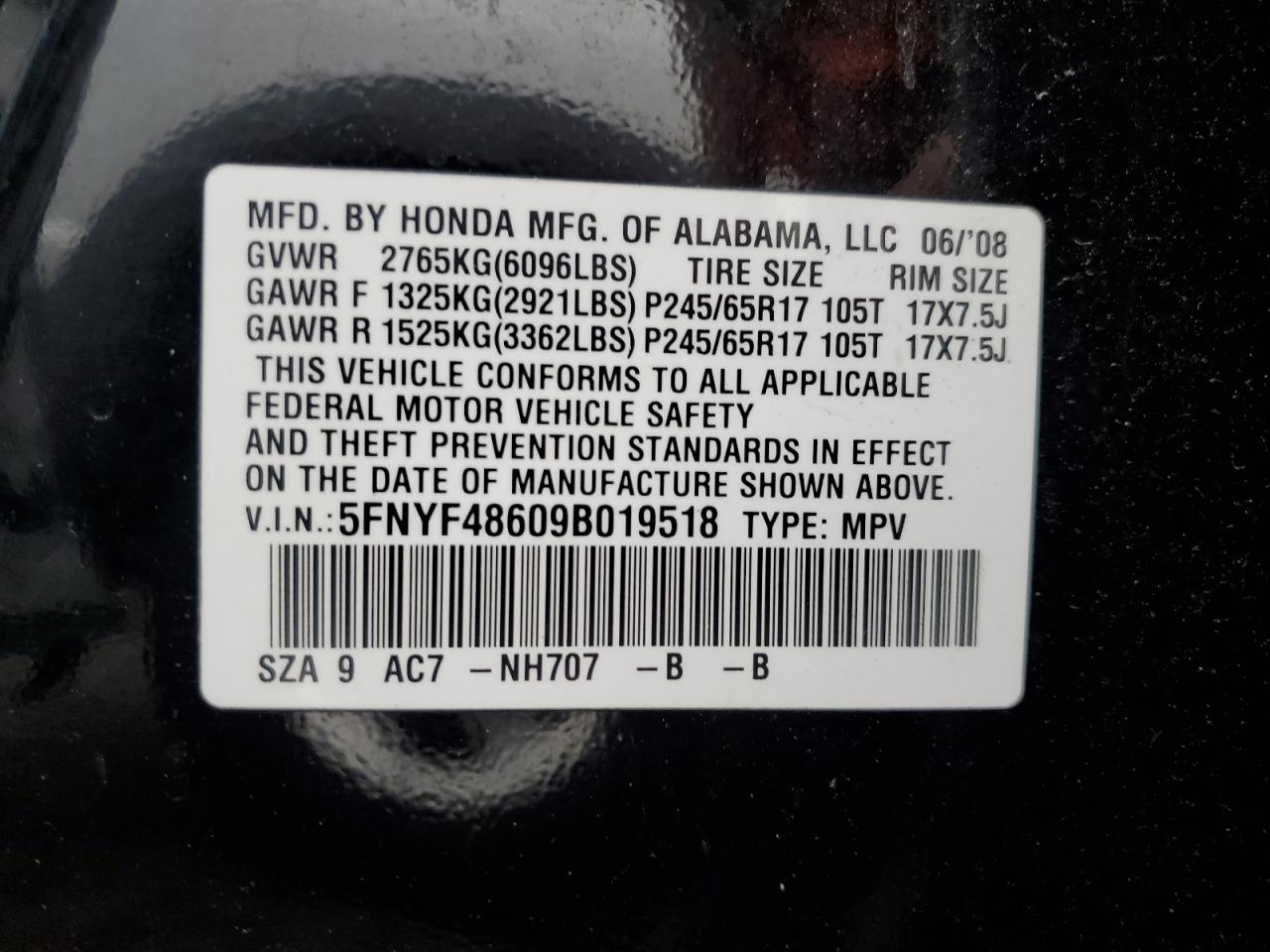 2009 Honda Pilot Exl VIN: 5FNYF48609B019518 Lot: 64827944