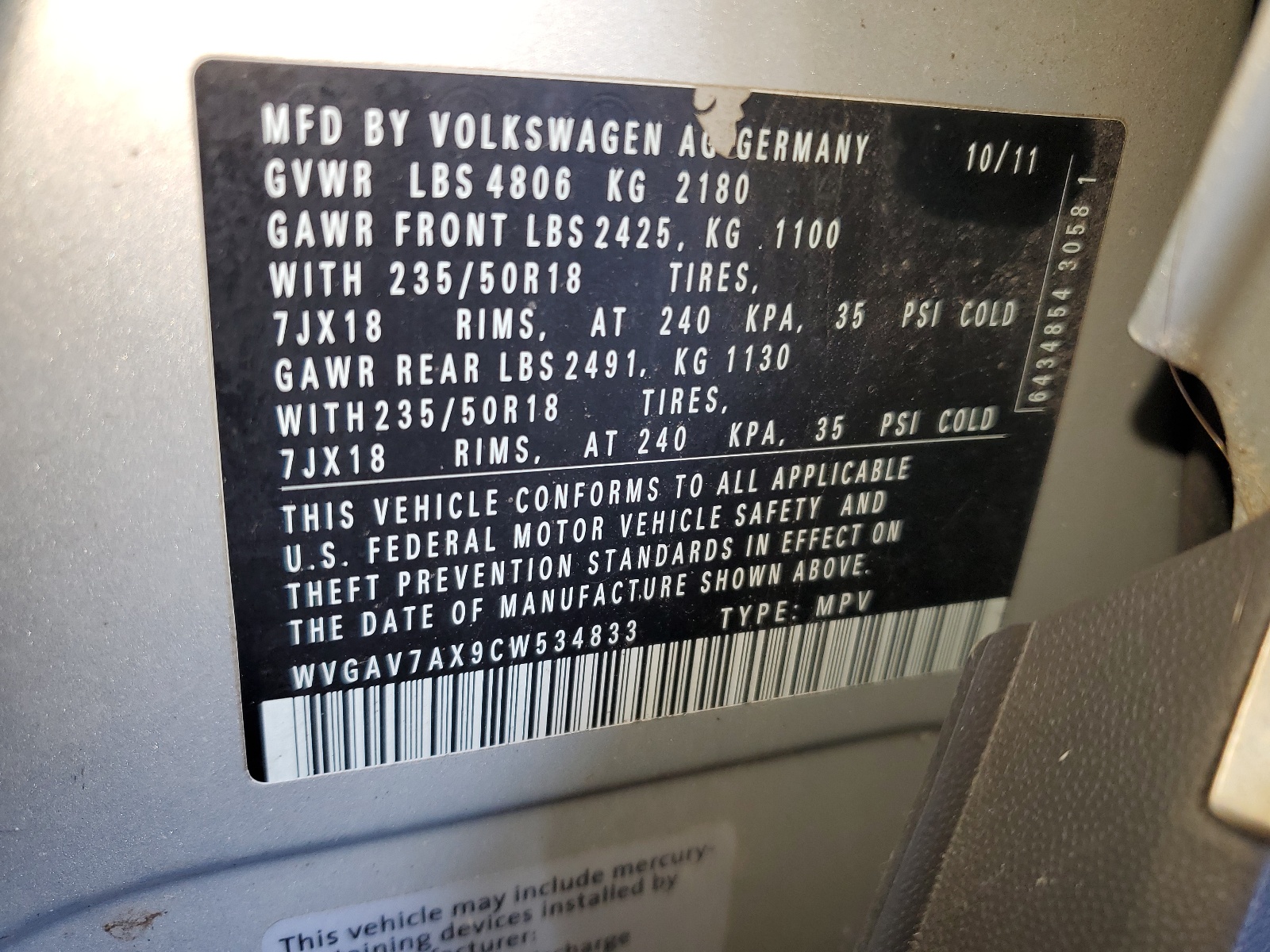 WVGAV7AX9CW534833 2012 Volkswagen Tiguan S