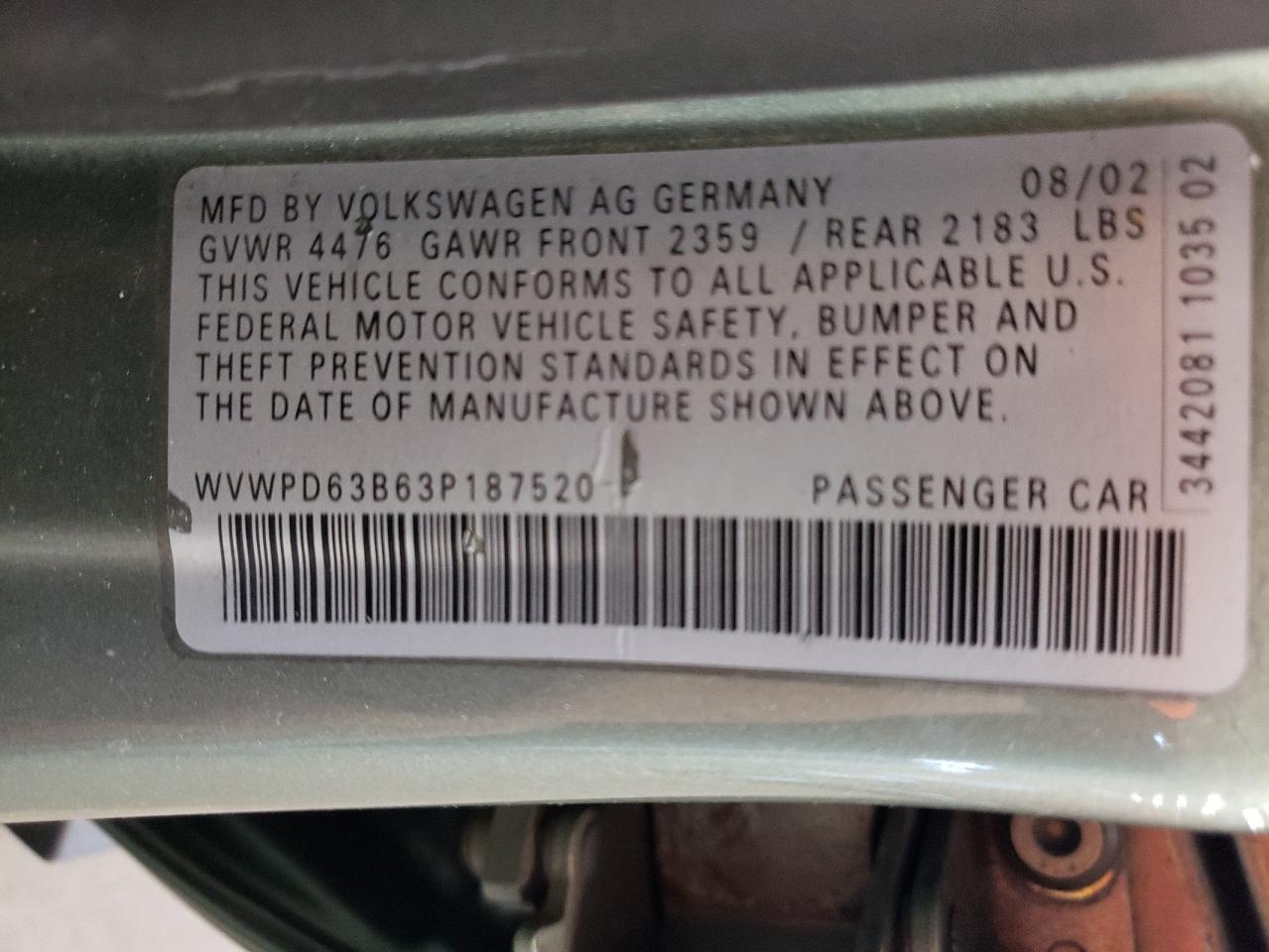 2003 Volkswagen Passat Gls VIN: WVWPD63B63P187520 Lot: 63834604