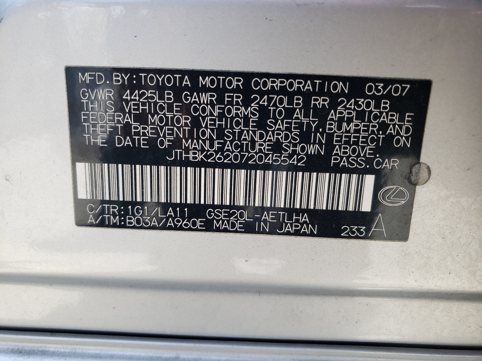 JTHBK262072045542 2007 Lexus Is 250