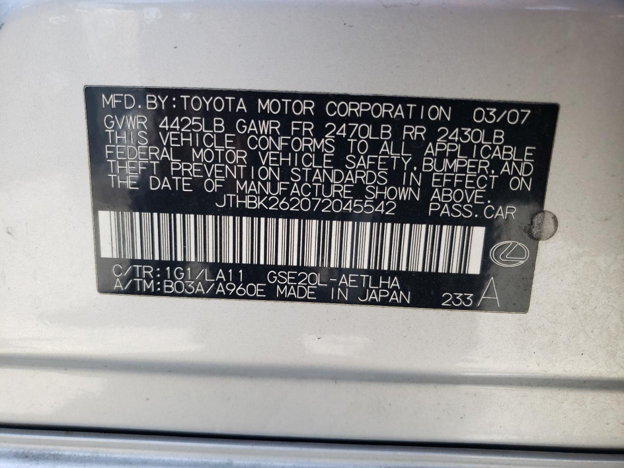 2007 Lexus Is 250 VIN: JTHBK262072045542 Lot: 63899924