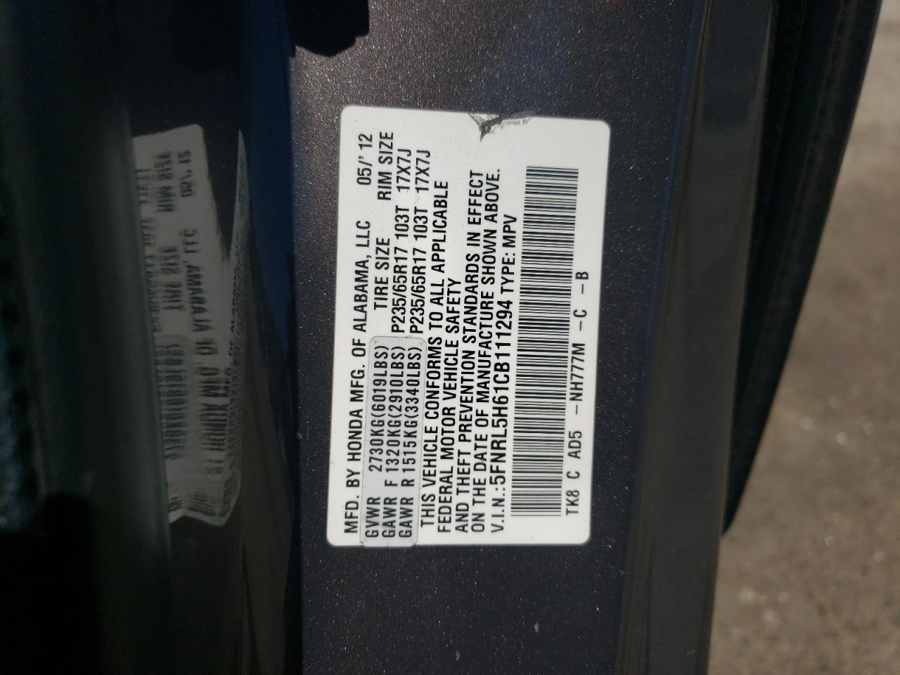 2012 Honda Odyssey Exl VIN: 5FNRL5H61CB111294 Lot: 64840524