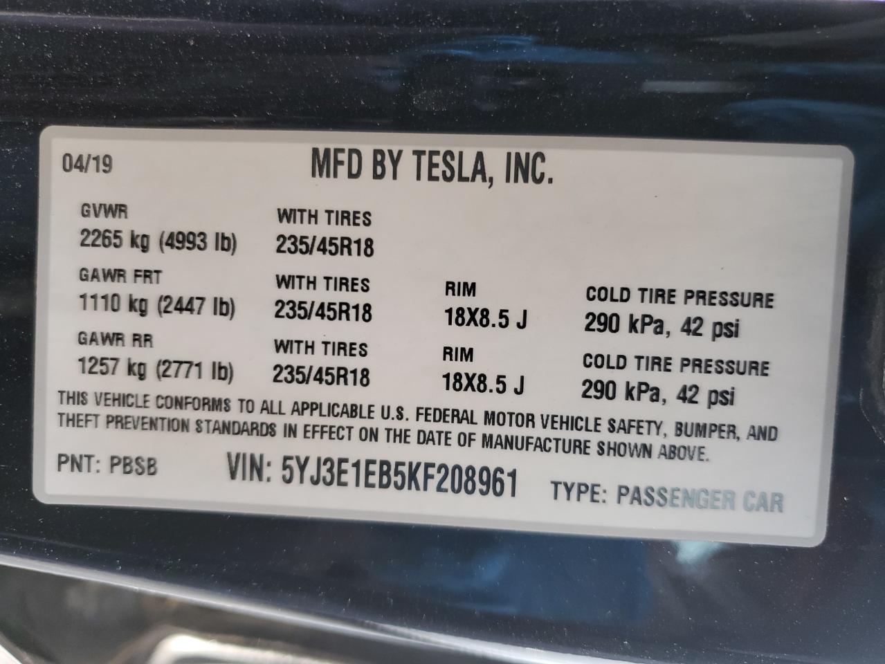 2019 Tesla Model 3 VIN: 5YJ3E1EB5KF208961 Lot: 63249754