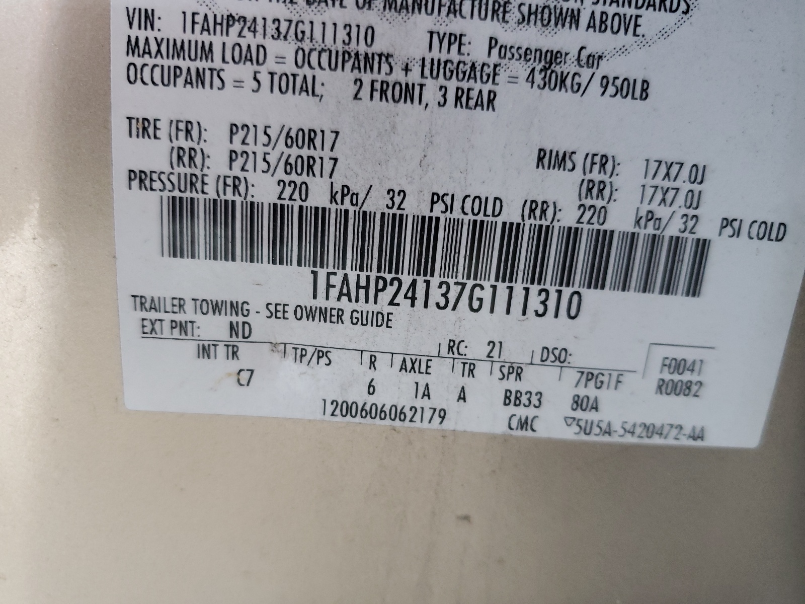 1FAHP24137G111310 2007 Ford Five Hundred Sel