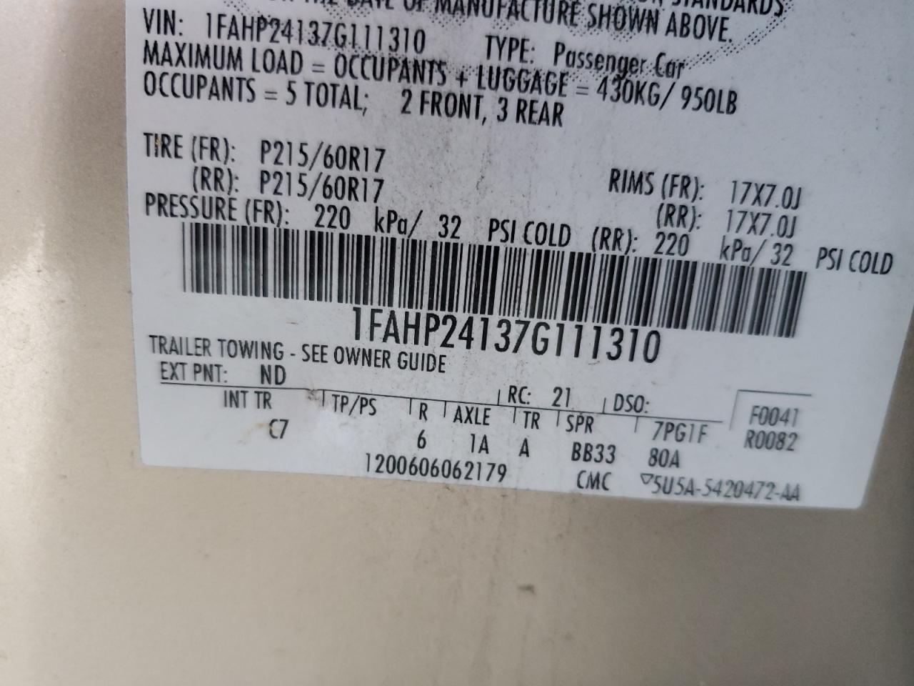 2007 Ford Five Hundred Sel VIN: 1FAHP24137G111310 Lot: 63697754