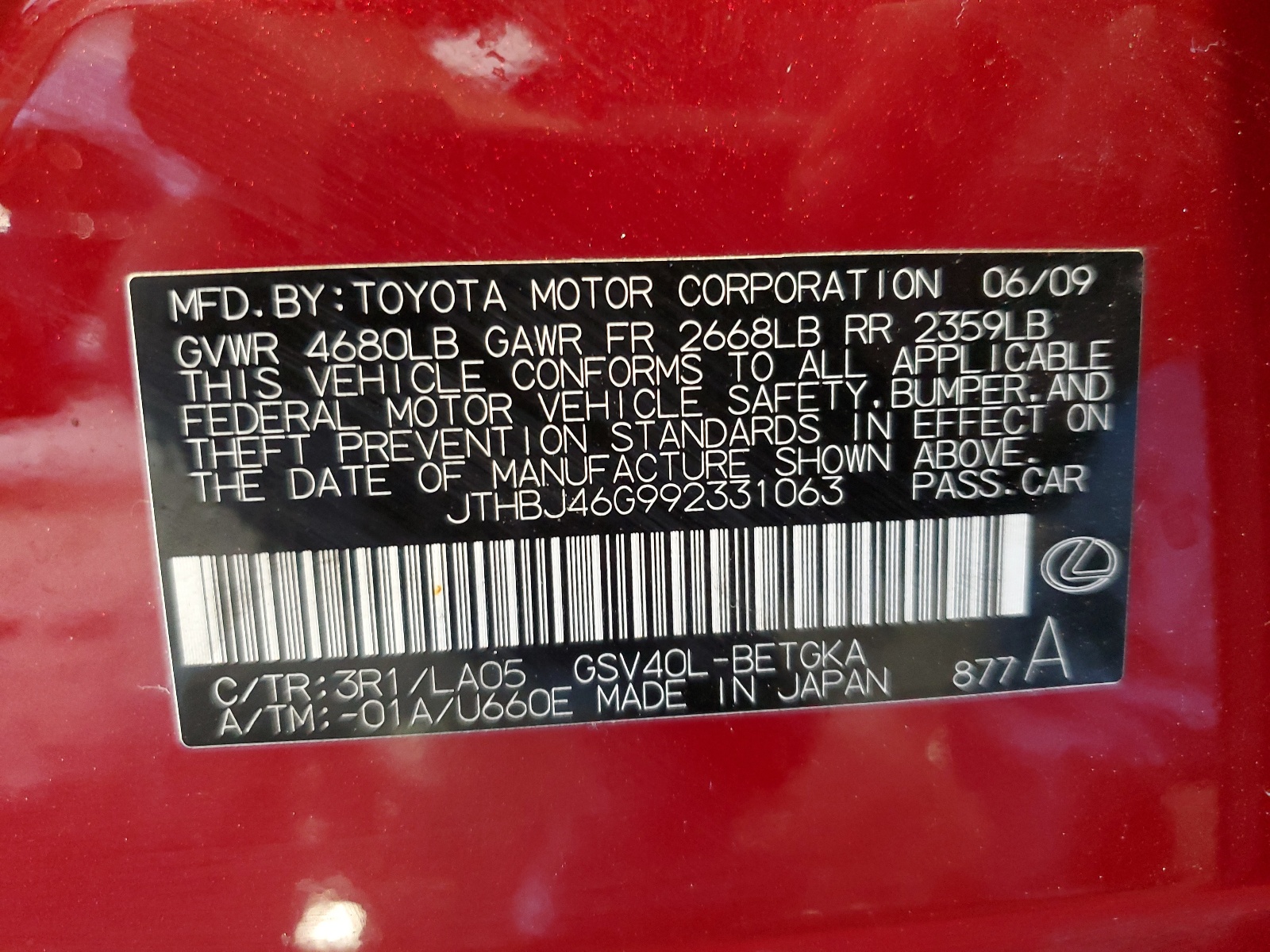 JTHBJ46G992331063 2009 Lexus Es 350