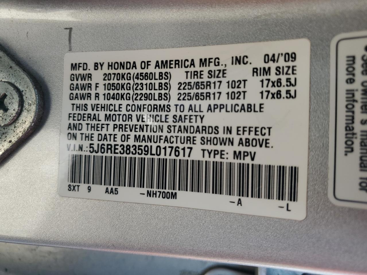2009 Honda Cr-V Lx VIN: 5J6RE38359L017617 Lot: 64046174