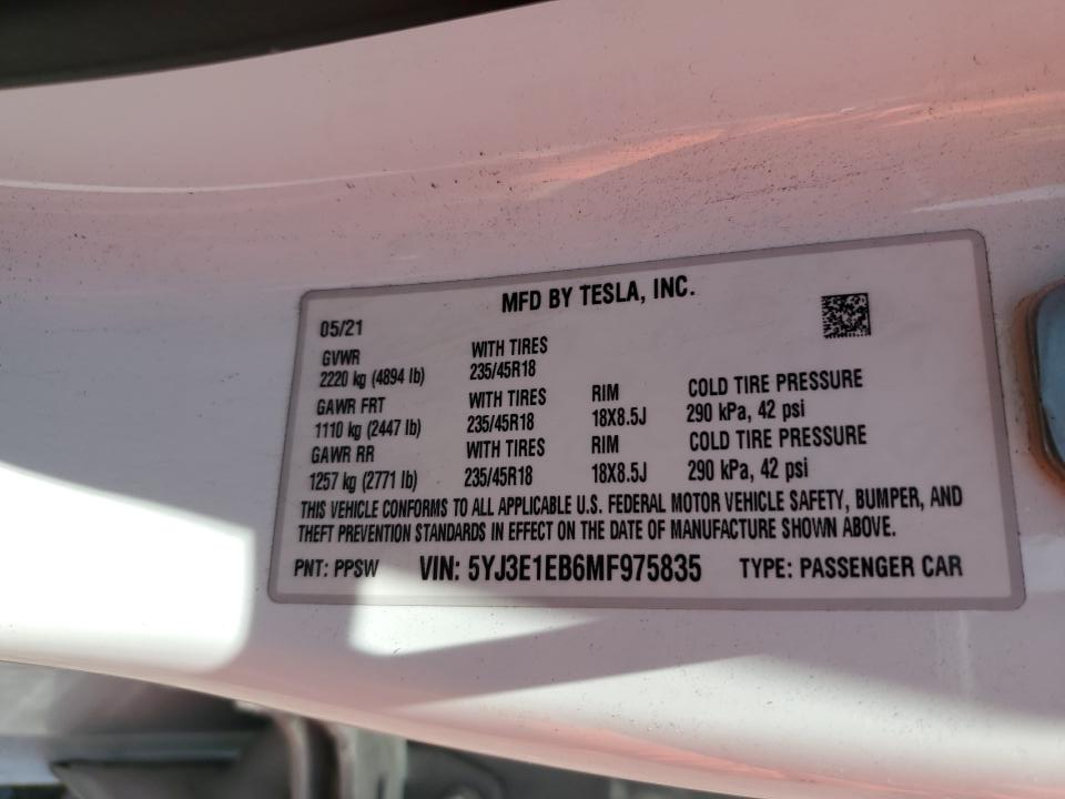 5YJ3E1EB6MF975835 2021 Tesla Model 3