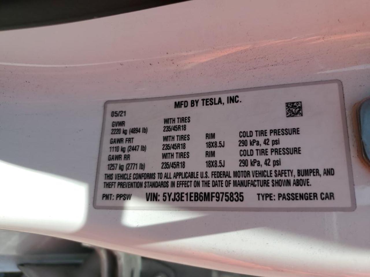 2021 Tesla Model 3 VIN: 5YJ3E1EB6MF975835 Lot: 63917324