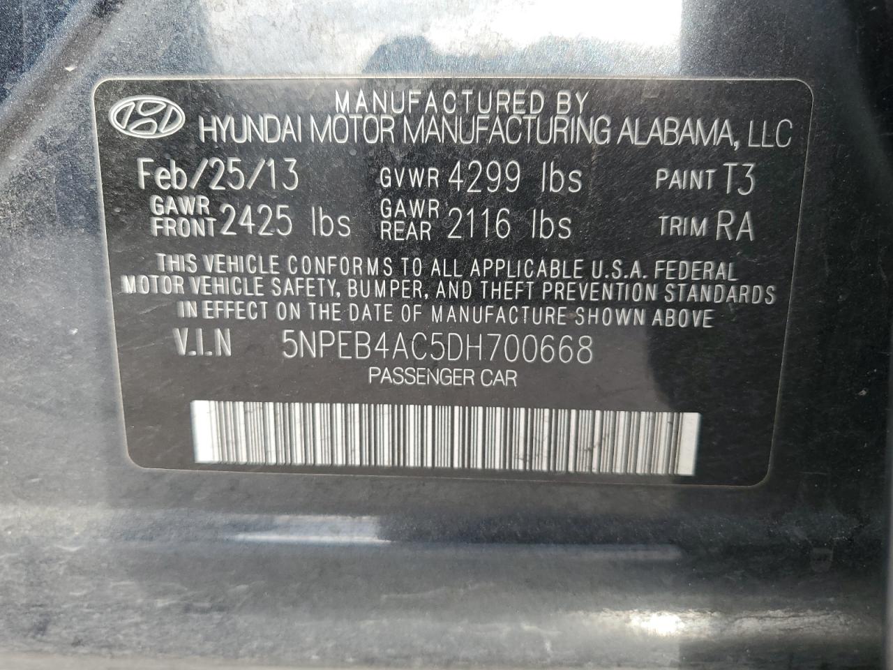 5NPEB4AC5DH700668 2013 Hyundai Sonata Gls