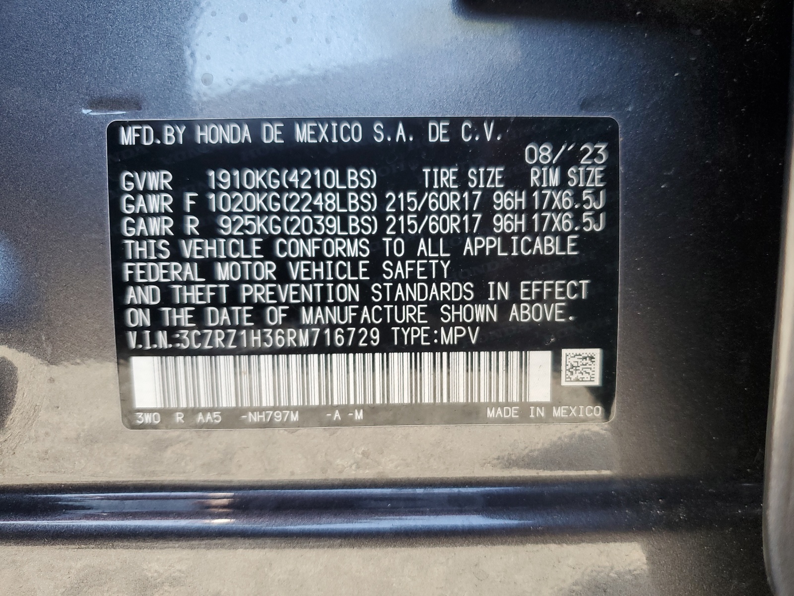 3CZRZ1H36RM716729 2024 Honda Hr-V Lx