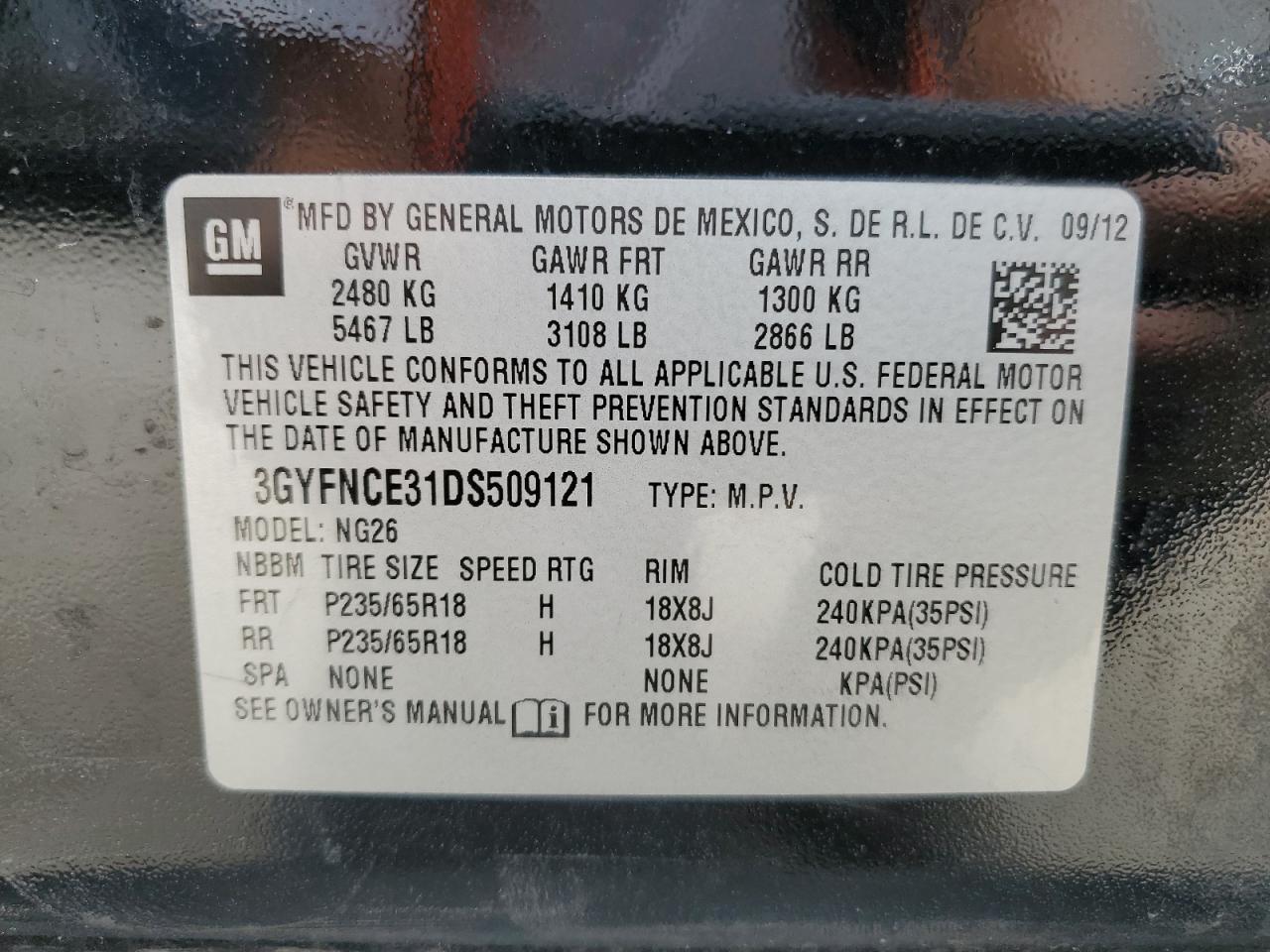 2013 Cadillac Srx Luxury Collection VIN: 3GYFNCE31DS509121 Lot: 61094044