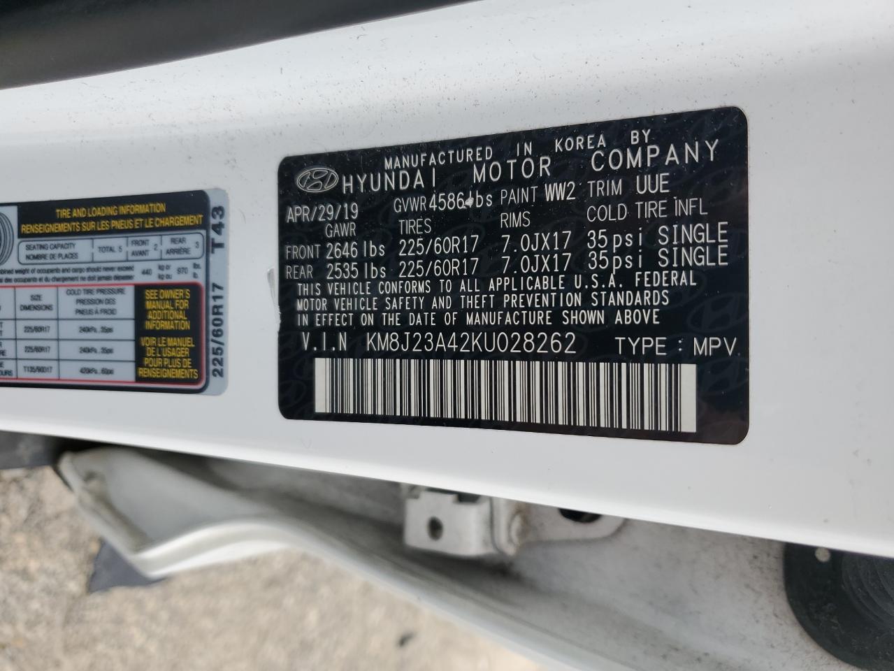 2019 Hyundai Tucson Se VIN: KM8J23A42KU028262 Lot: 63535914