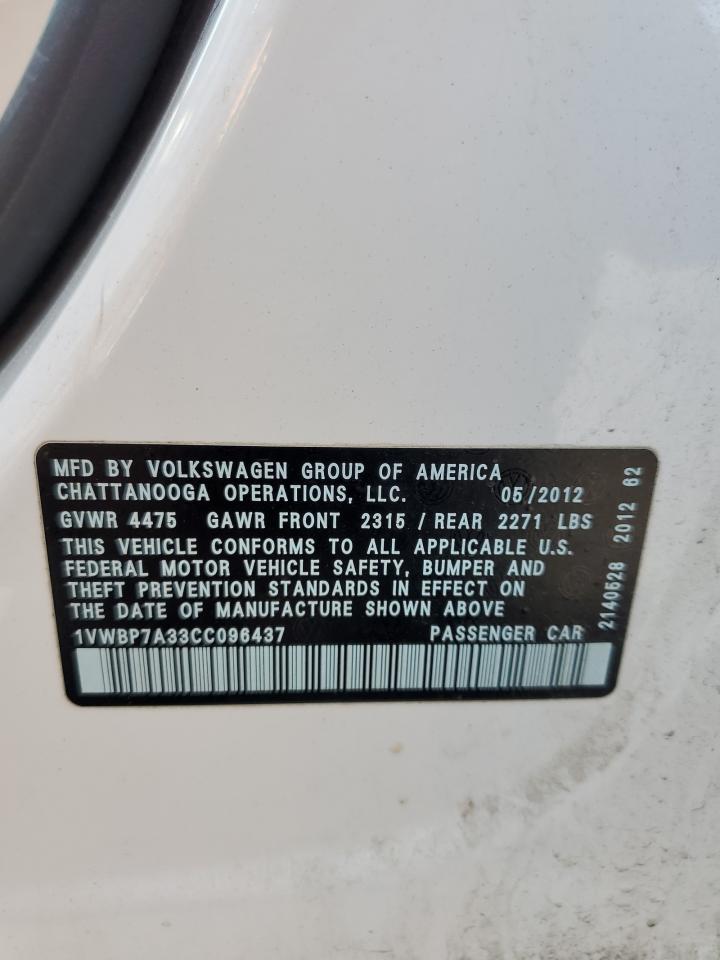 2012 Volkswagen Passat Se VIN: 1VWBP7A33CC096437 Lot: 61745074