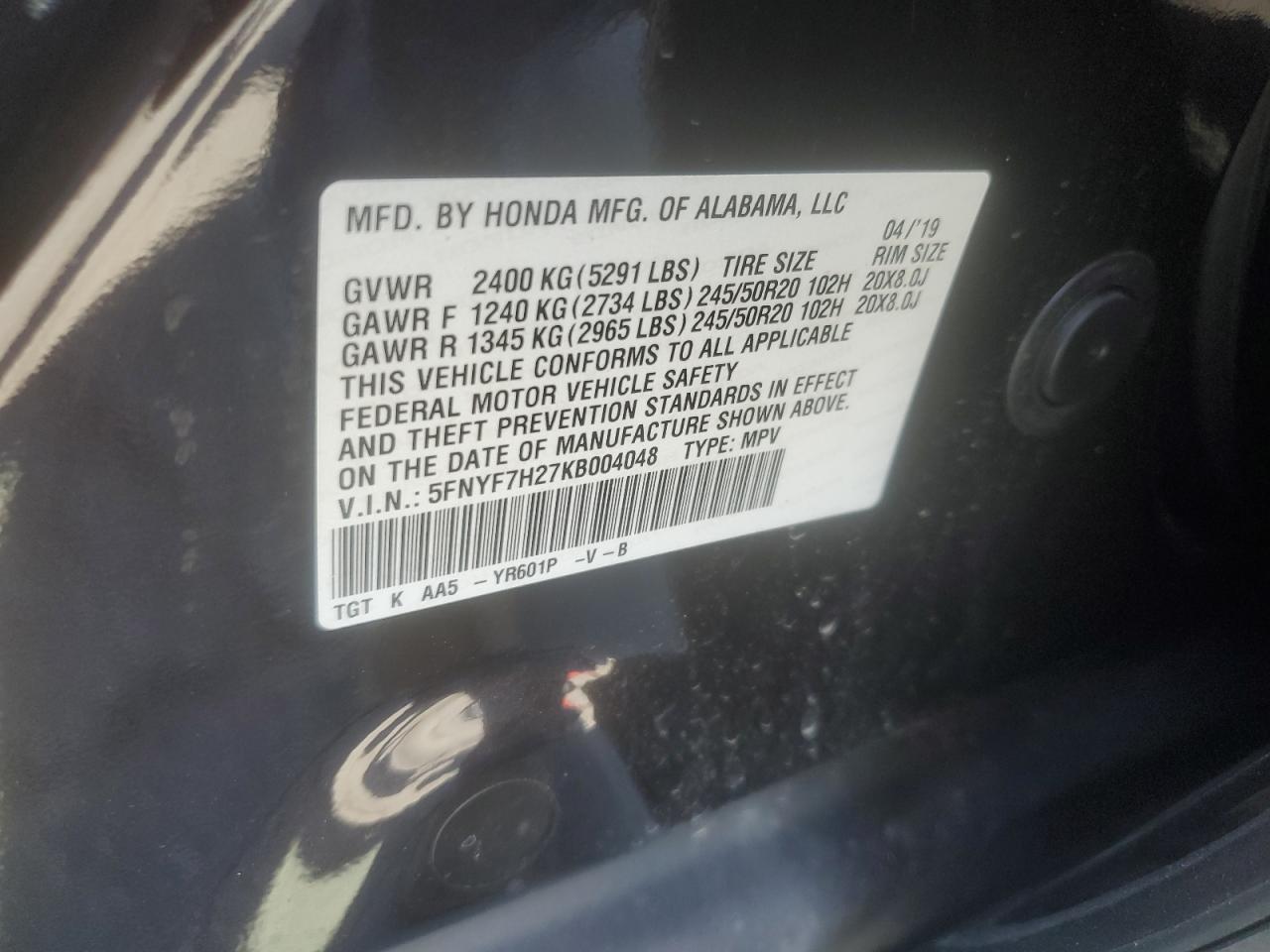 2019 Honda Passport Sport VIN: 5FNYF7H27KB004048 Lot: 63669474