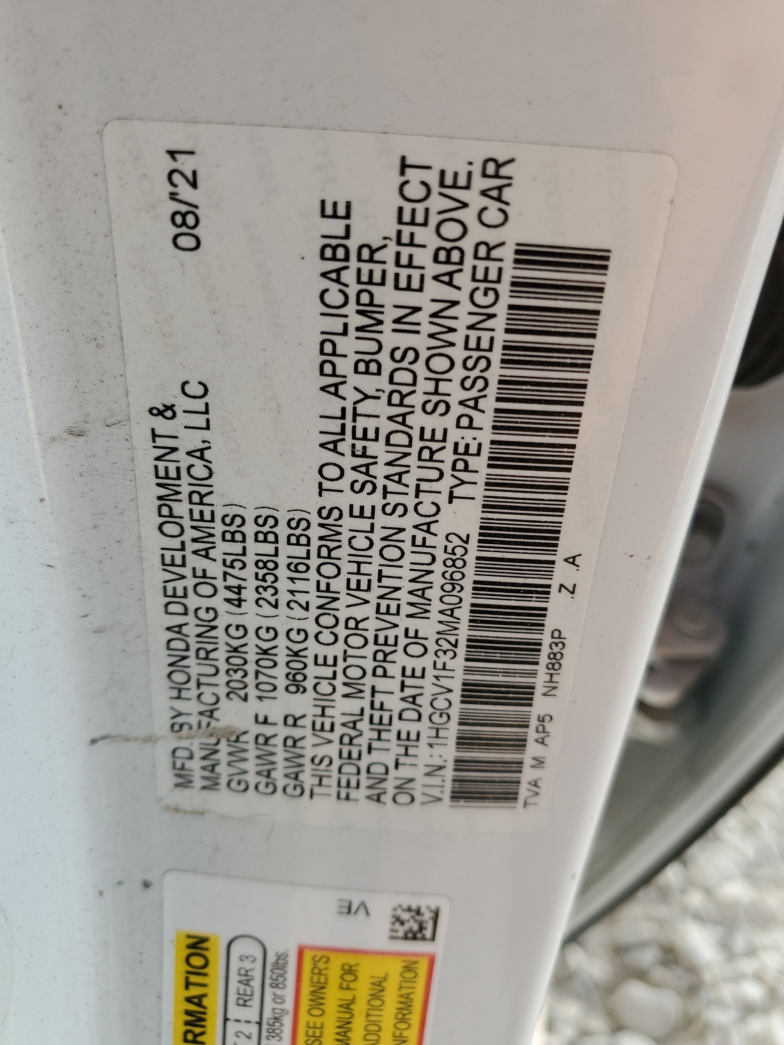 1HGCV1F32MA096852 2021 Honda Accord Sport