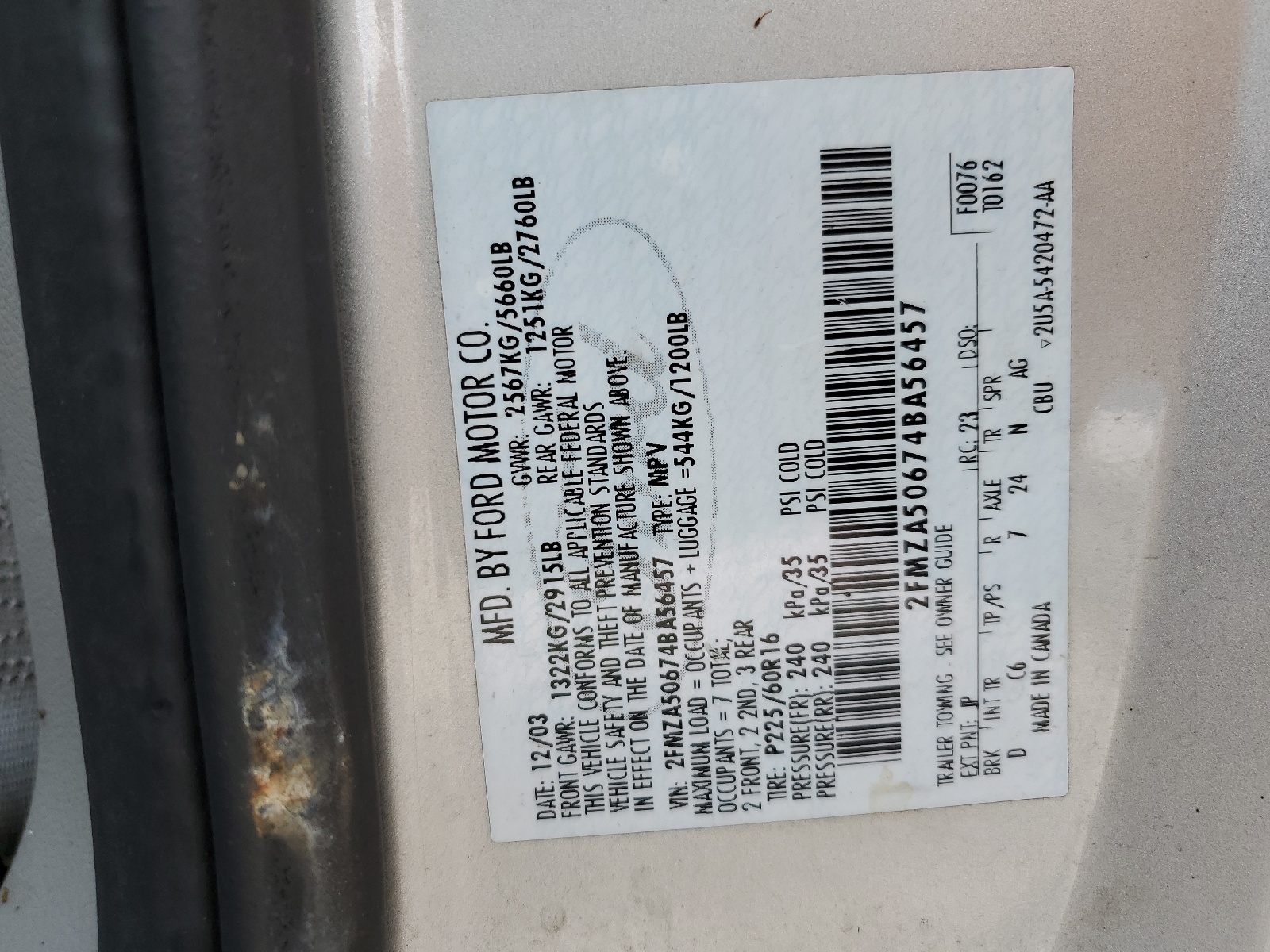 2FMZA50674BA56457 2004 Ford Freestar S