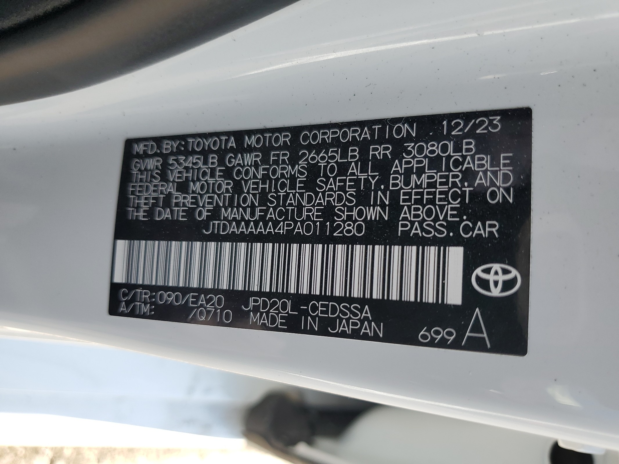 2023 Toyota Mirai Xle vin: JTDAAAAA4PA011280