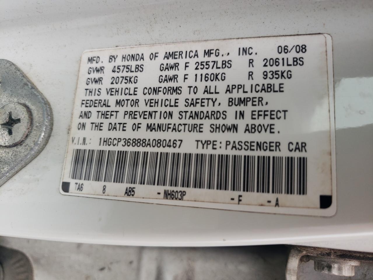 1HGCP36888A080467 2008 Honda Accord Exl