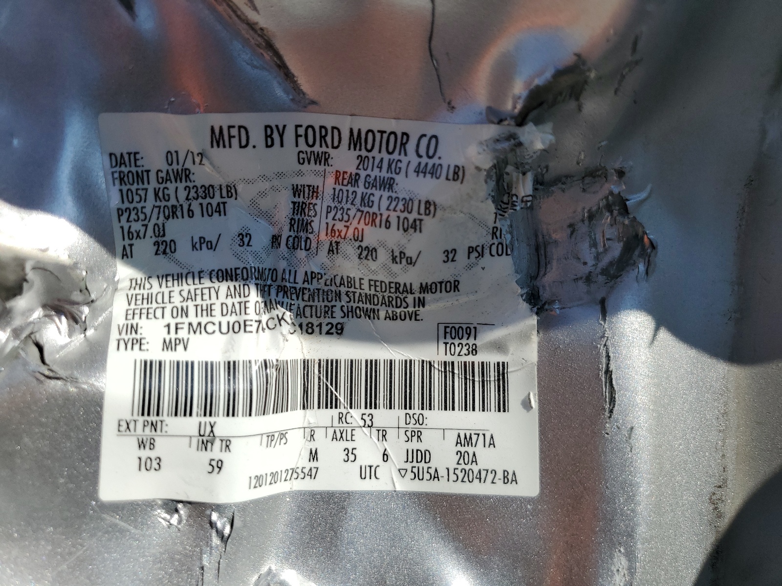 1FMCU0E74CKC18129 2012 Ford Escape Limited