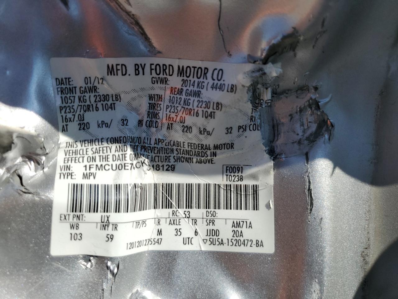 2012 Ford Escape Limited VIN: 1FMCU0E74CKC18129 Lot: 63911214