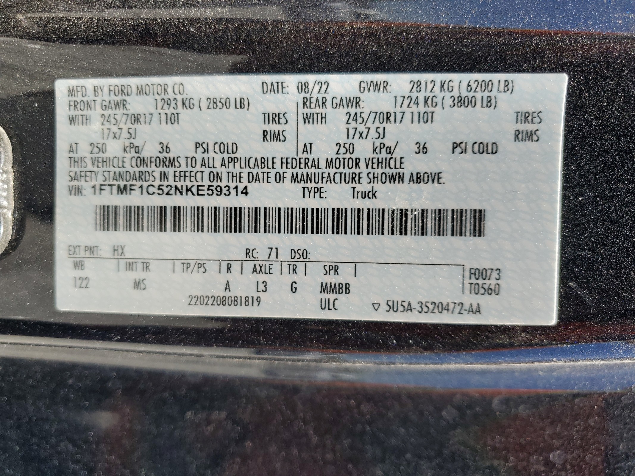 1FTMF1C52NKE59314 2022 Ford F150