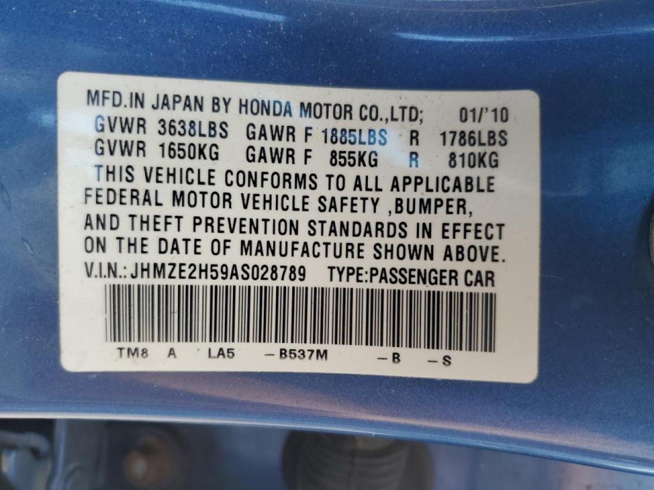 2010 Honda Insight Lx VIN: JHMZE2H59AS028789 Lot: 63061214