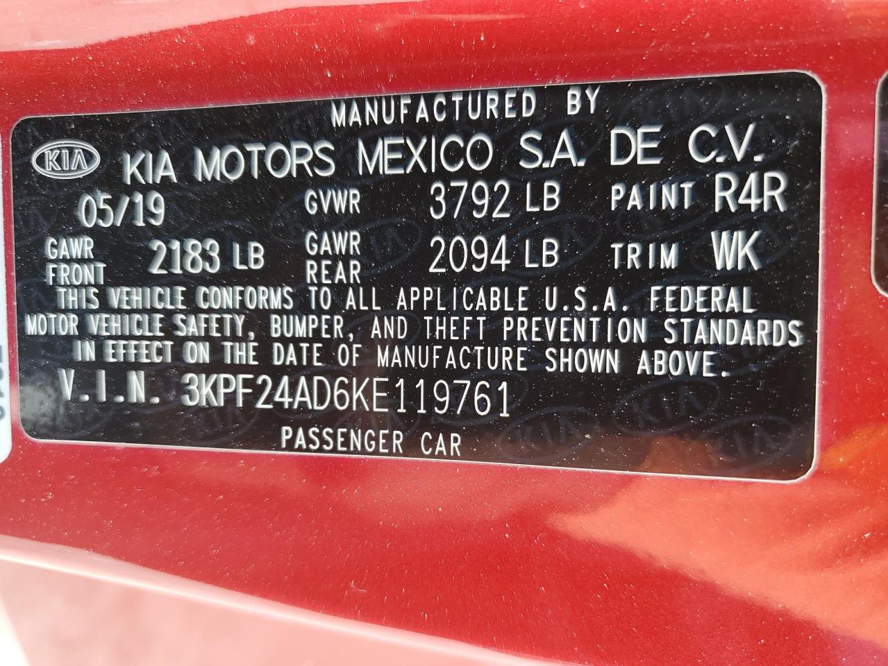 2019 Kia Forte Fe VIN: 3KPF24AD6KE119761 Lot: 63133774