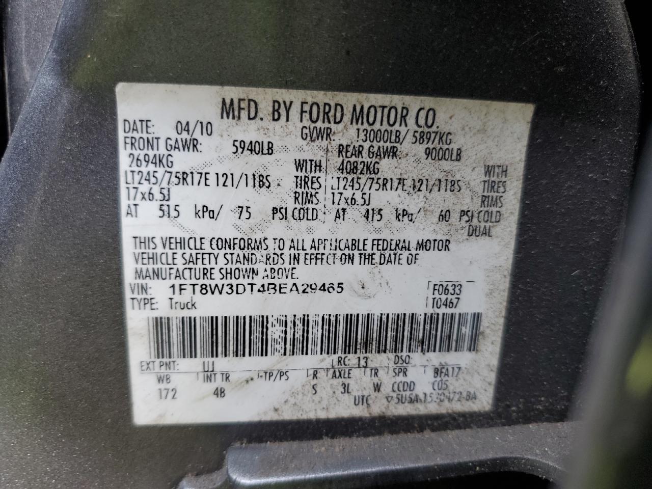 2011 Ford F350 Super Duty VIN: 1FT8W3DT4BEA29465 Lot: 58611844