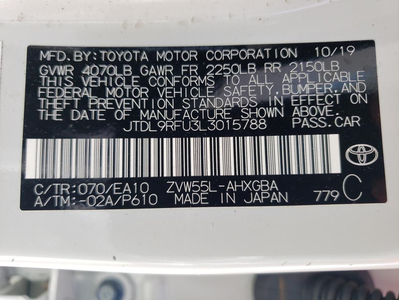 2020 Toyota Prius Le VIN: JTDL9RFU3L3015788 Lot: 65279244