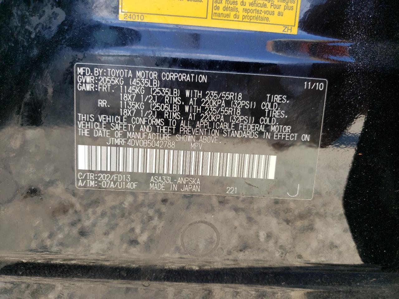 2011 Toyota Rav4 Sport VIN: JTMRF4DV0B5042788 Lot: 63851834