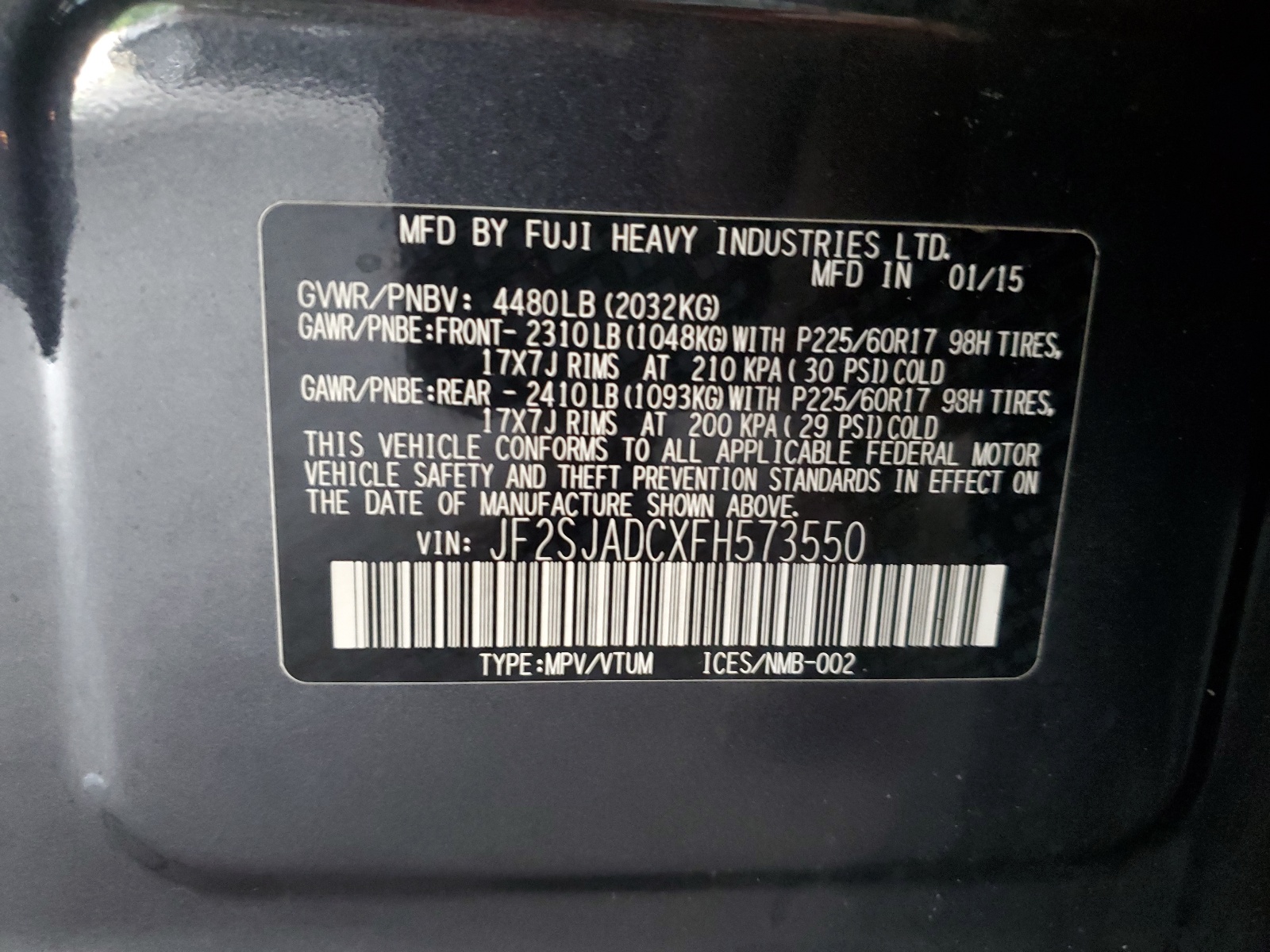 JF2SJADCXFH573550 2015 Subaru Forester 2.5I Premium