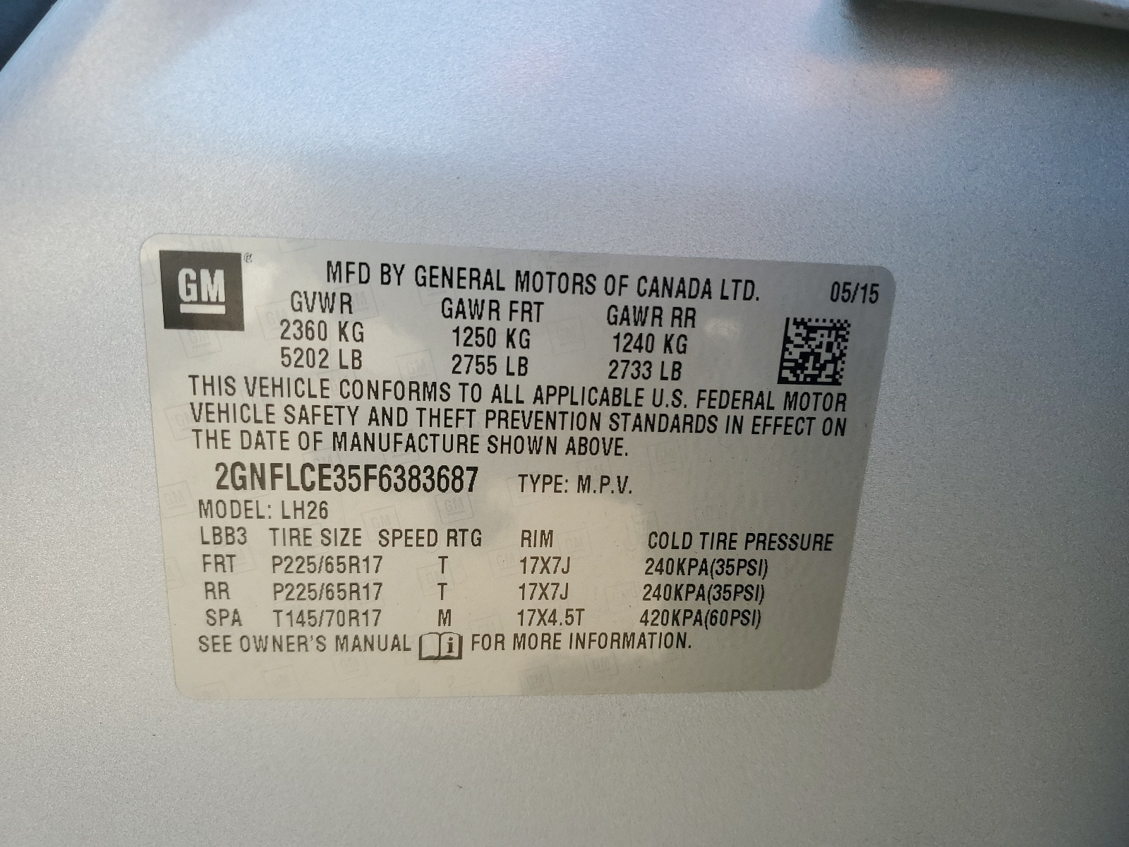 2GNFLCE35F6383687 2015 Chevrolet Equinox Lt