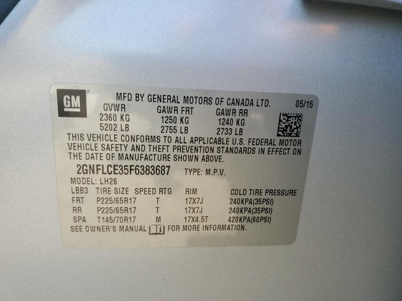 2015 Chevrolet Equinox Lt VIN: 2GNFLCE35F6383687 Lot: 62232454