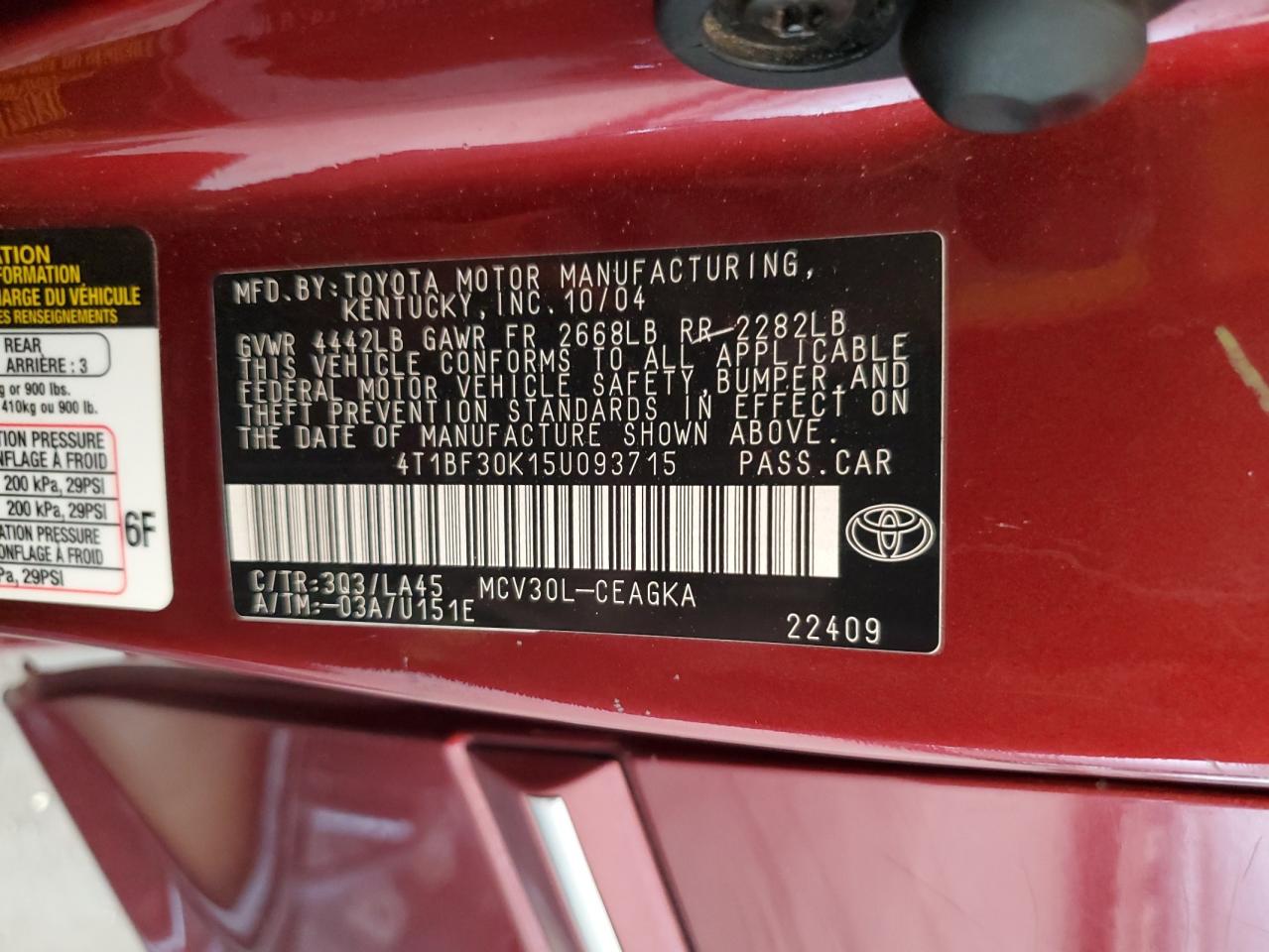 2005 Toyota Camry Le VIN: 4T1BF30K15U093715 Lot: 64596384