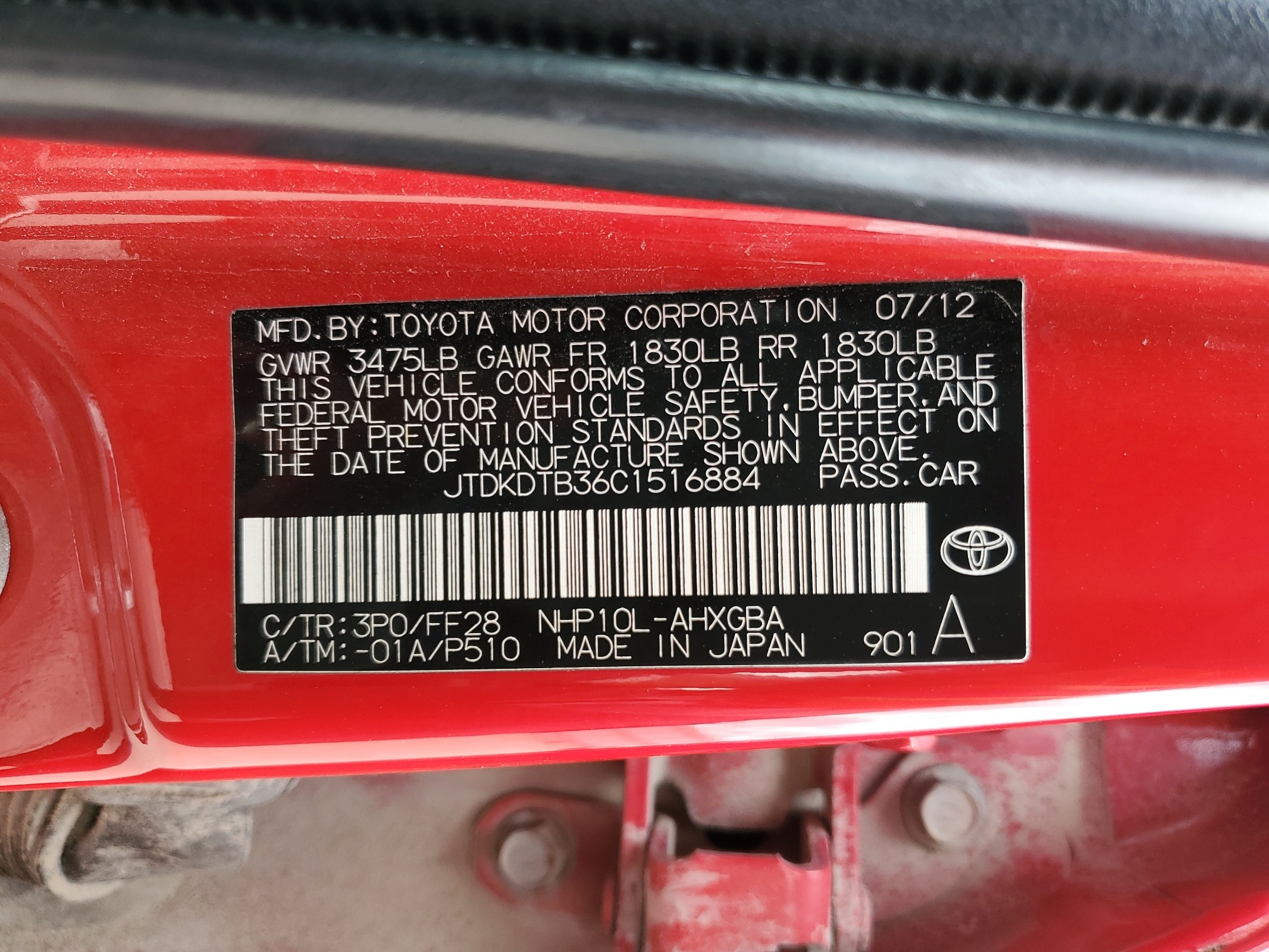 2012 Toyota Prius C vin: JTDKDTB36C1516884