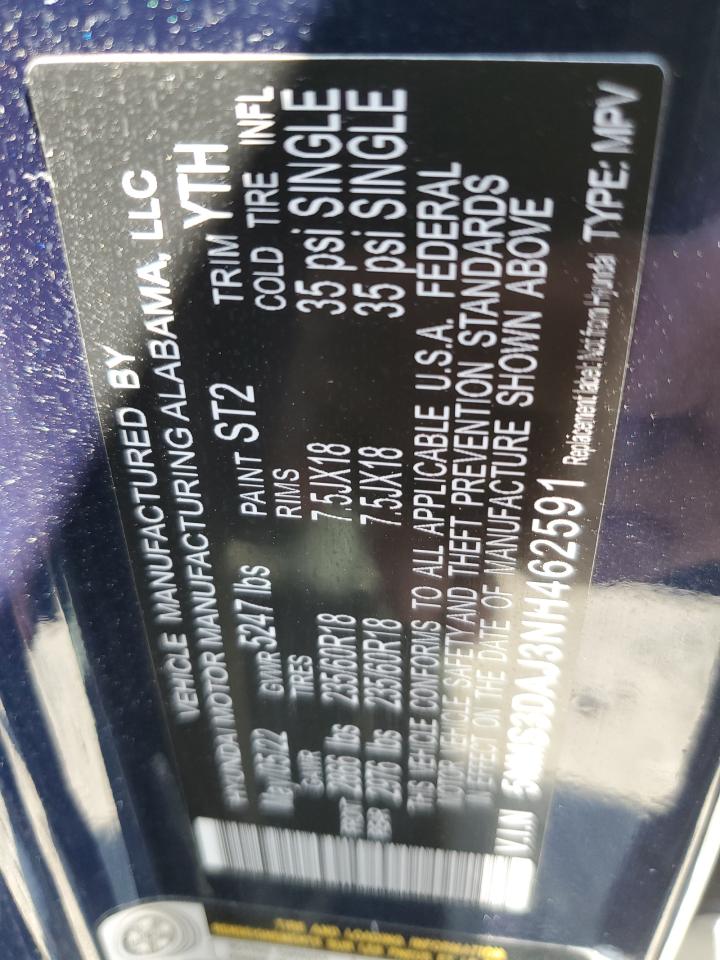 2022 Hyundai Santa Fe Sel VIN: 5NMS3DAJ3NH462591 Lot: 64620774