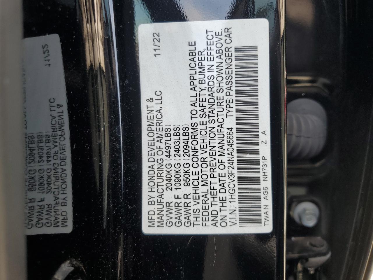 2022 Honda Accord Hybrid Sport VIN: 1HGCV3F24NA045664 Lot: 62323824