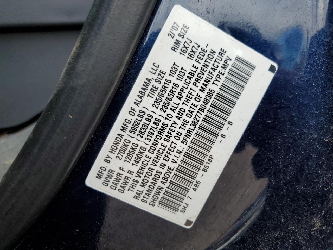 2007 Honda Odyssey Lx VIN: 5FNRL38277B048385 Lot: 65166044