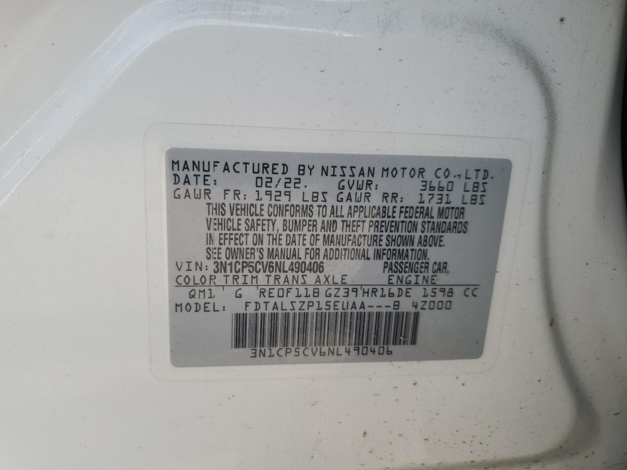 2022 Nissan Kicks Sv VIN: 3N1CP5CV6NL490406 Lot: 64449574