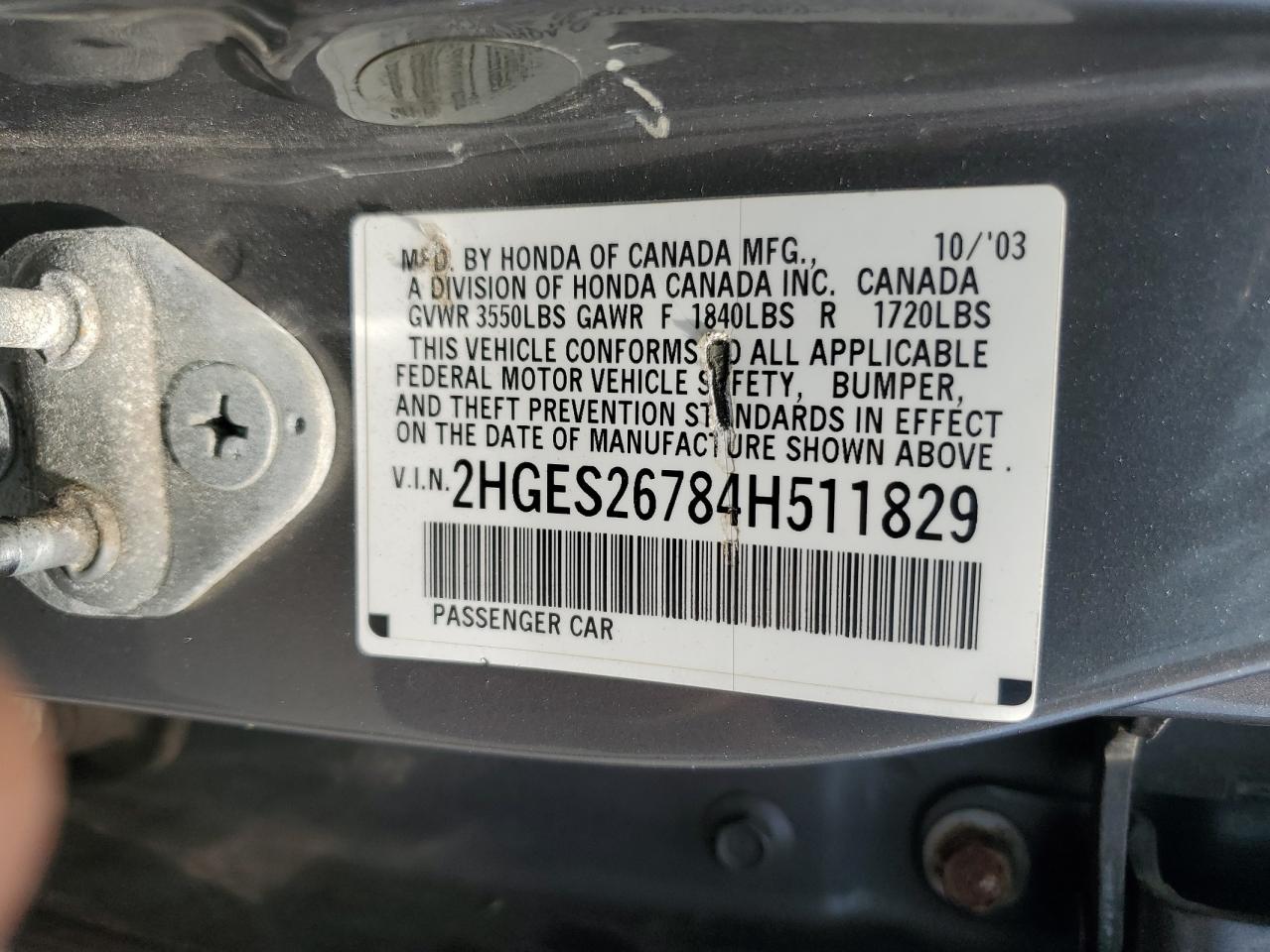 2004 Honda Civic Ex VIN: 2HGES26784H511829 Lot: 63958004