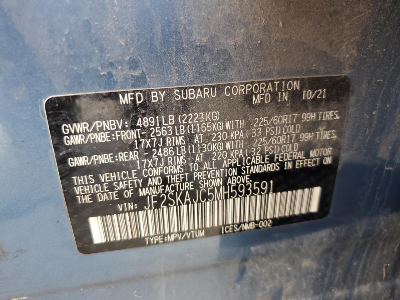 2021 Subaru Forester Premium VIN: JF2SKAJC5MH593591 Lot: 61832794