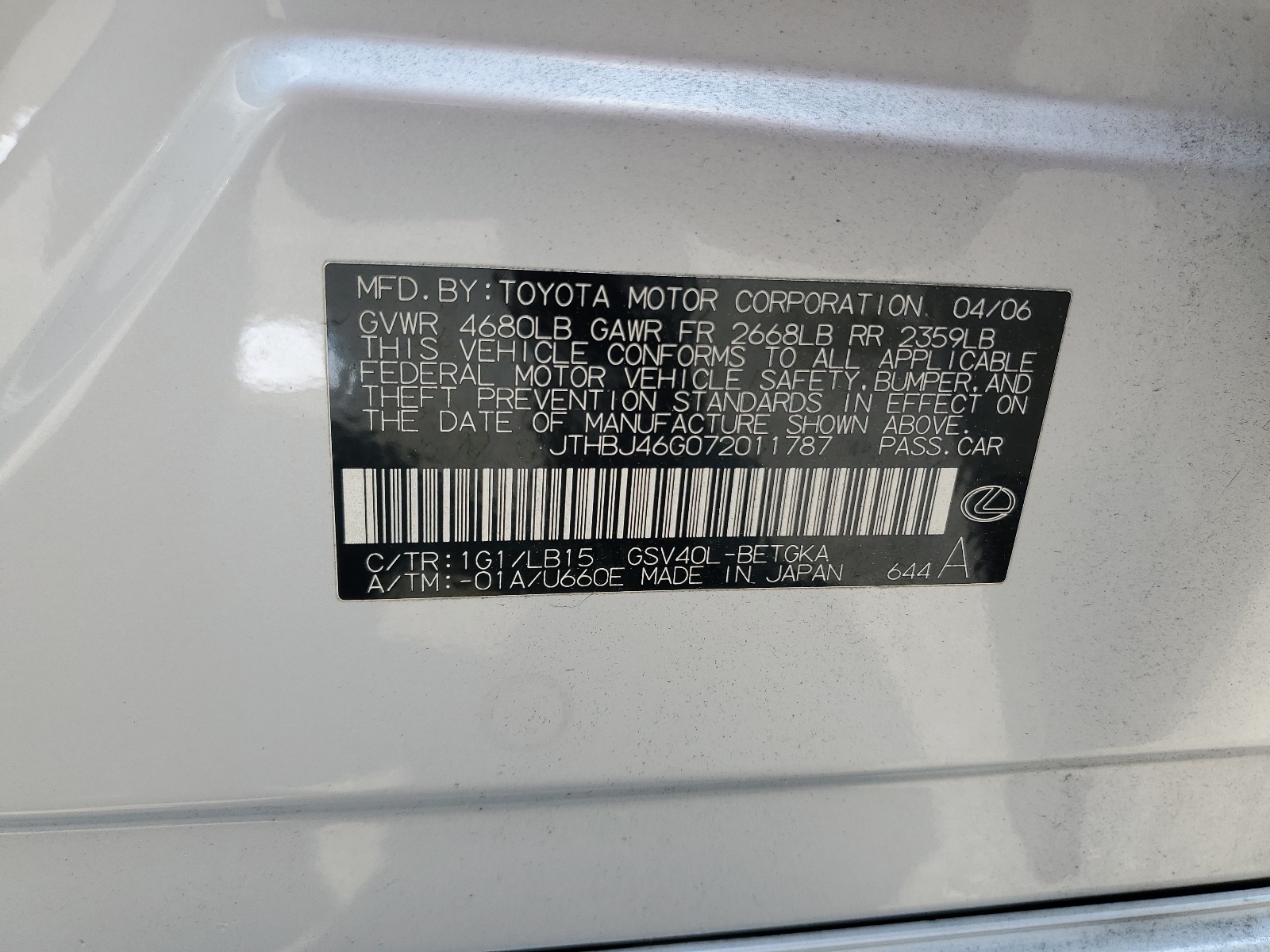 JTHBJ46G072011787 2007 Lexus Es 350