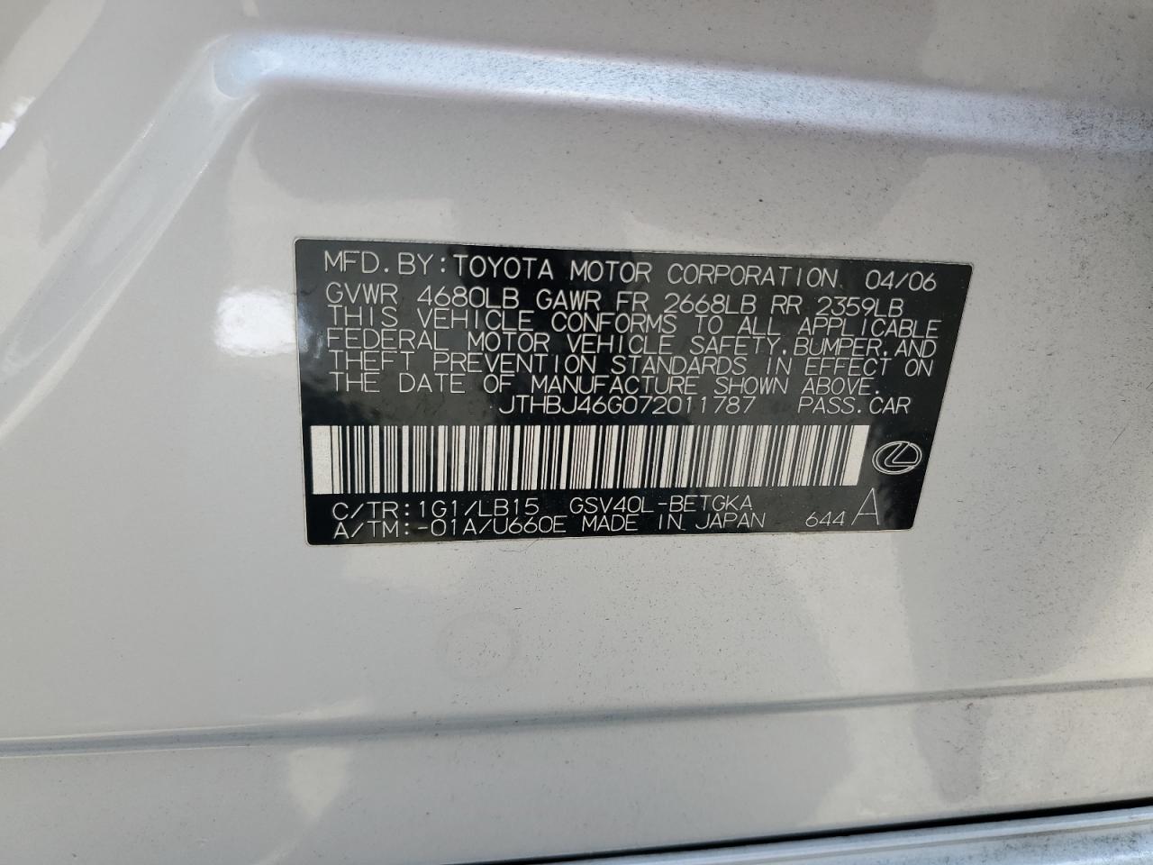 2007 Lexus Es 350 VIN: JTHBJ46G072011787 Lot: 64523604