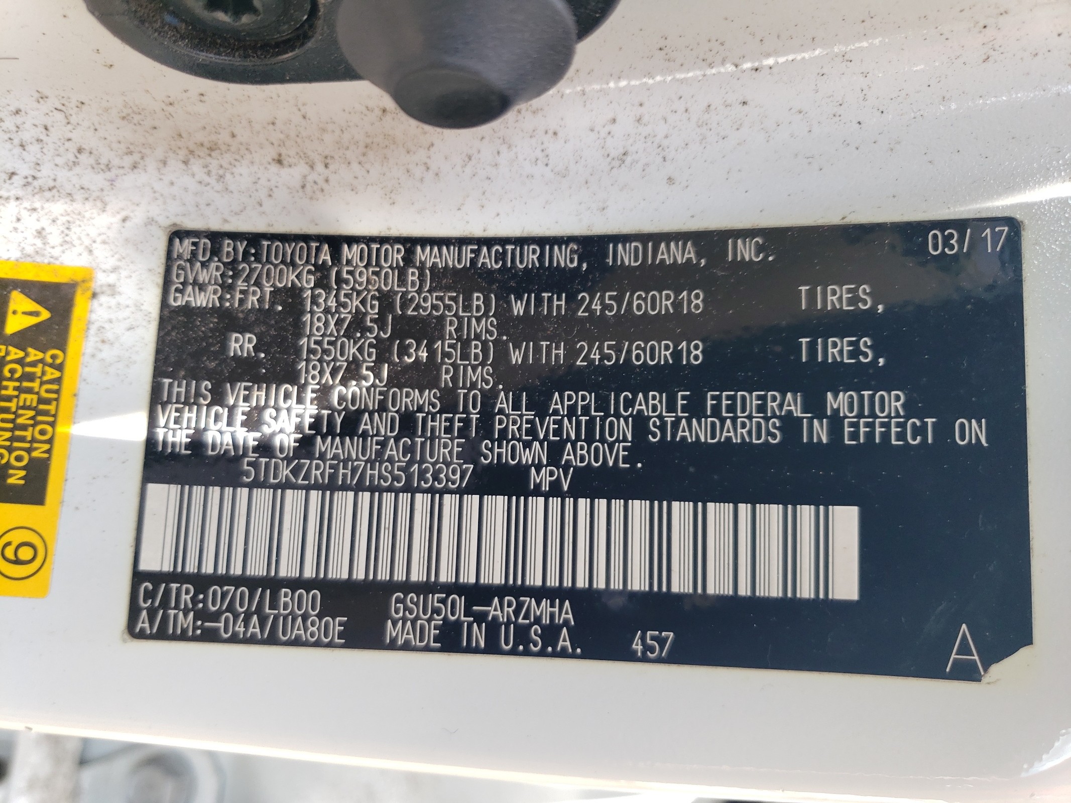 5TDKZRFH7HS513397 2017 Toyota Highlander Se