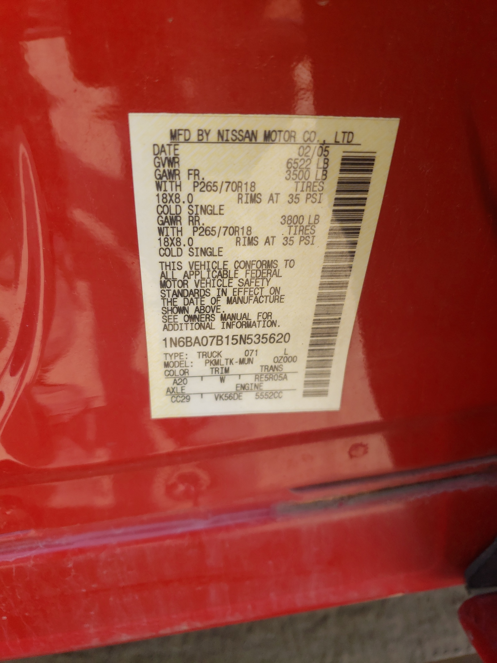 1N6BA07B15N535620 2005 Nissan Titan Xe